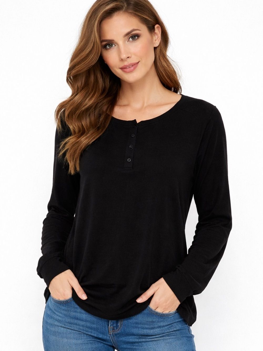 Black Long-Sleeve Henley Top